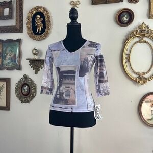 Cheryl Creations Paris Toile Newsprint Mesh Top Size Small White Grey Nylon